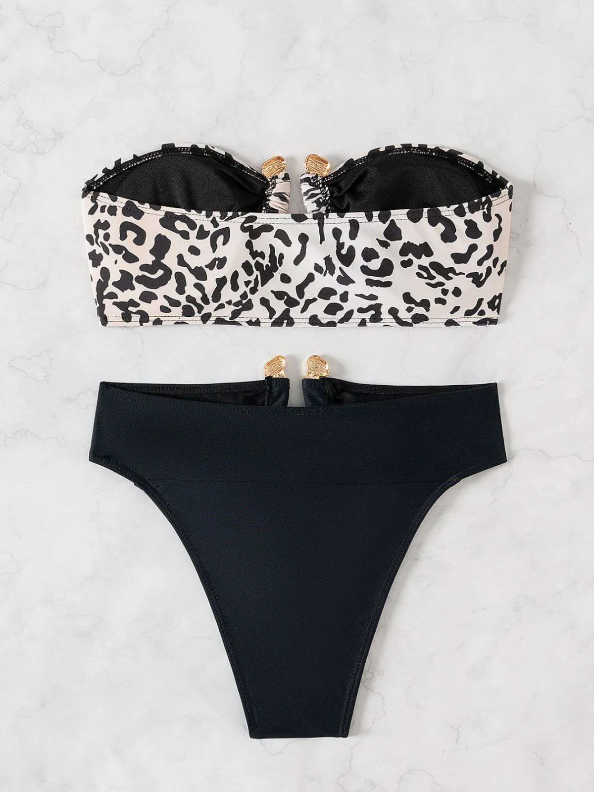 New Retro Stage 1970s Leopard Metal Button Strapless Swimsuit Black