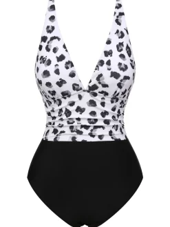 Fashion Retro Stage Black 1930s Patchwork V-Neck Swimsuit Leopard