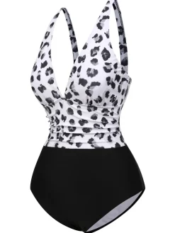 Fashion Retro Stage Black 1930s Patchwork V-Neck Swimsuit Leopard