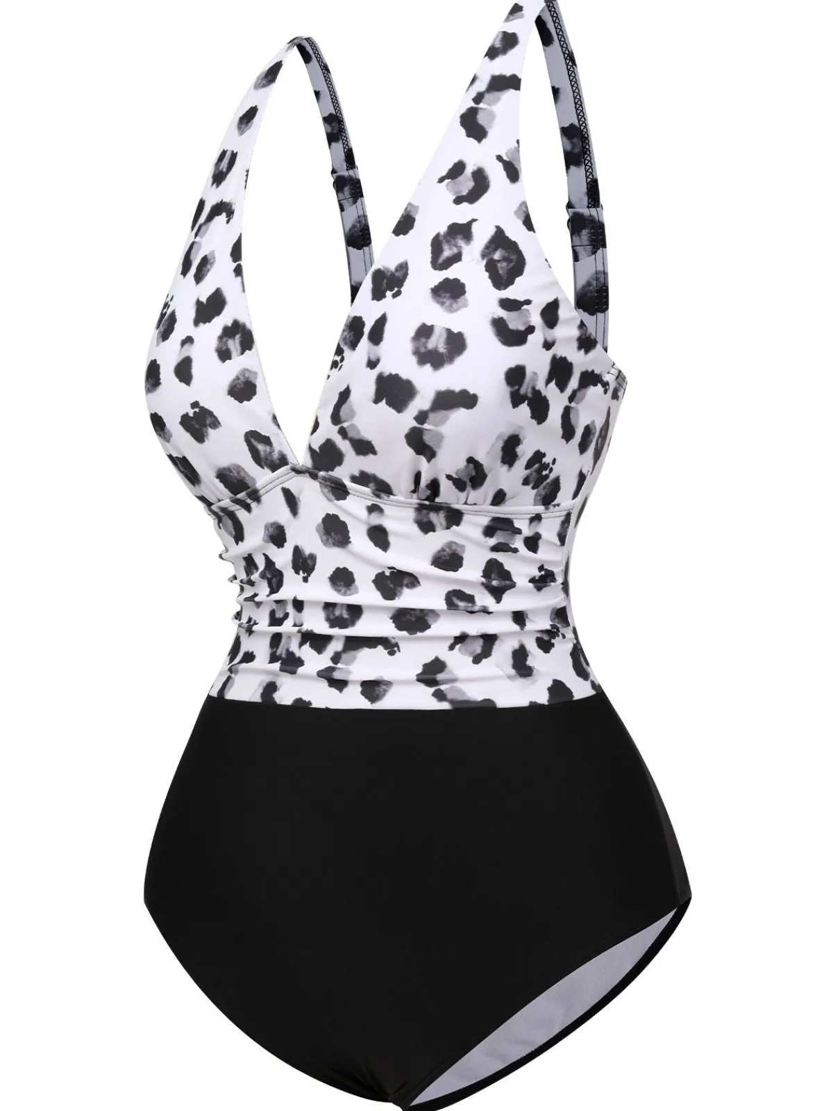 Fashion Retro Stage Black 1930s Patchwork V-Neck Swimsuit Leopard