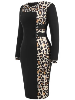 Discount Retro Stage 1960s Leopard Patchwork Pencil Dress Black