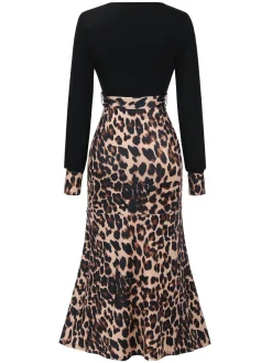 Fashion Retro Stage 1930s Leopard Patchwork Mermaid Dress Black