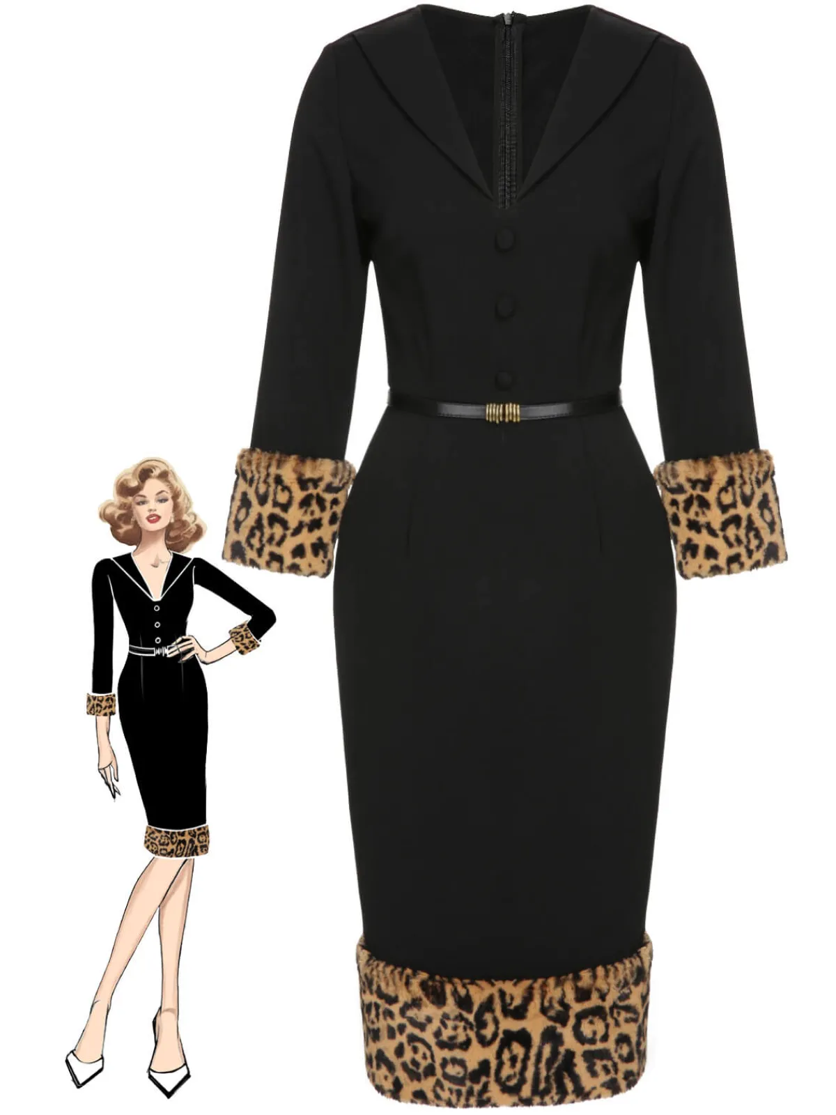 Clearance Retro Stage 1960s Leopard Plush V-Neck Pencil Dress Black