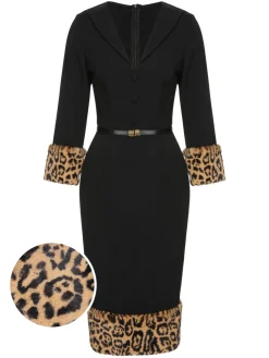 Clearance Retro Stage 1960s Leopard Plush V-Neck Pencil Dress Black