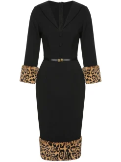 Clearance Retro Stage 1960s Leopard Plush V-Neck Pencil Dress Black