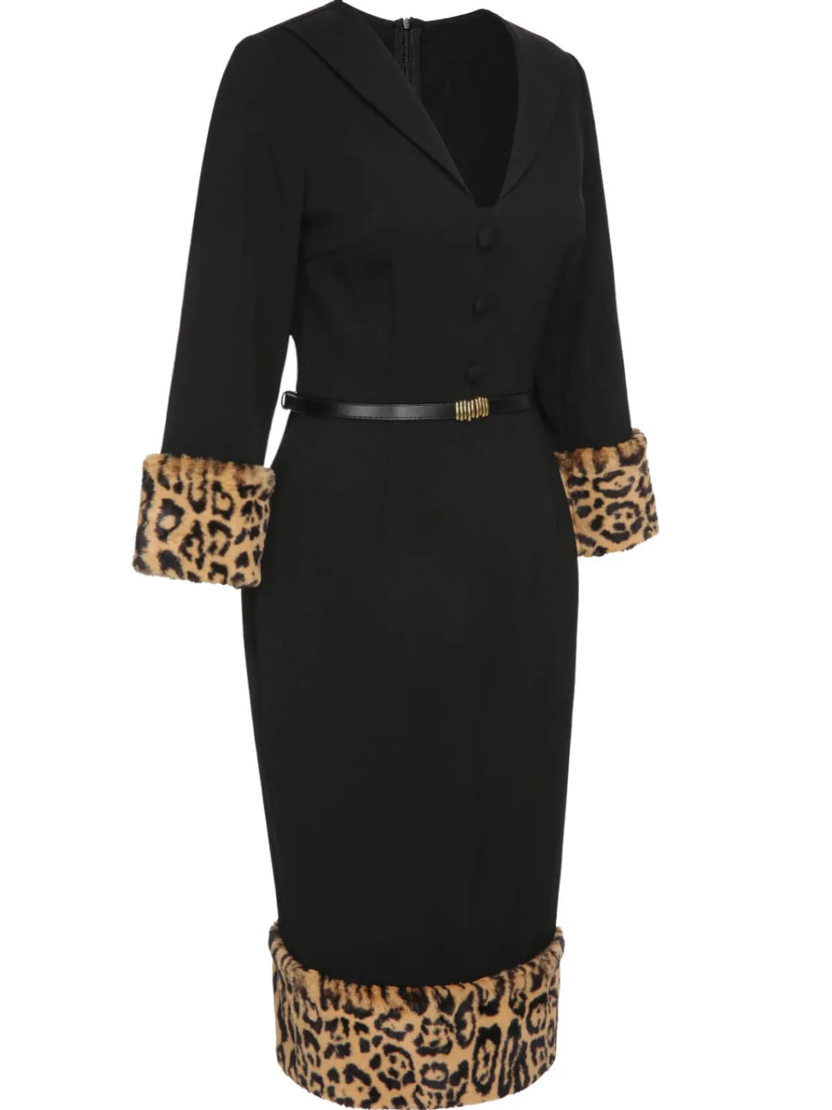Clearance Retro Stage 1960s Leopard Plush V-Neck Pencil Dress Black