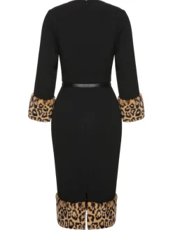 Clearance Retro Stage 1960s Leopard Plush V-Neck Pencil Dress Black