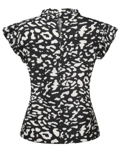 Online Retro Stage 1950s Leopard Print Ruffles Blouse Black