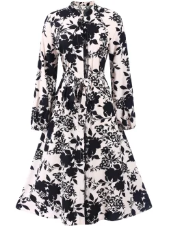 Hot Retro Stage 1940s Long Sleeve Floral Vintage Dress Black