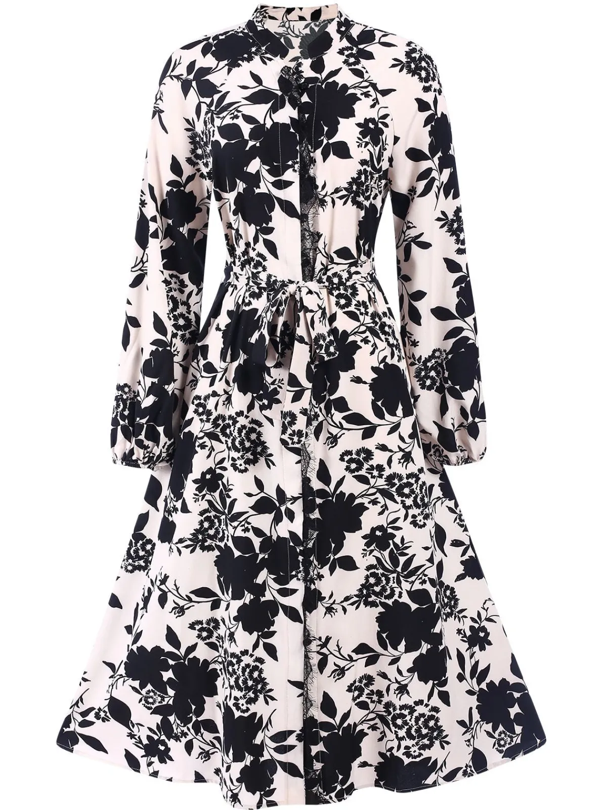 Hot Retro Stage 1940s Long Sleeve Floral Vintage Dress Black