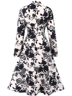Hot Retro Stage 1940s Long Sleeve Floral Vintage Dress Black