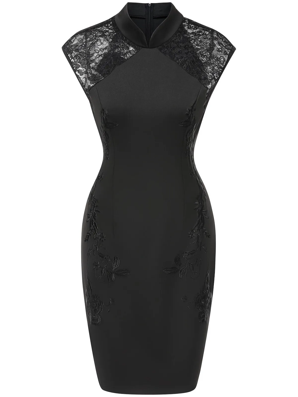 Clearance Retro Stage 1960s Mandarin Collar Embroidered Floral Pencil Dress Black