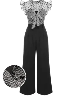 Best Retro Stage 1930s Mesh Bow-knot Patchwork Jumpsuit Black