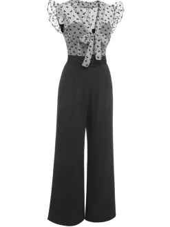 Best Retro Stage 1930s Mesh Bow-knot Patchwork Jumpsuit Black