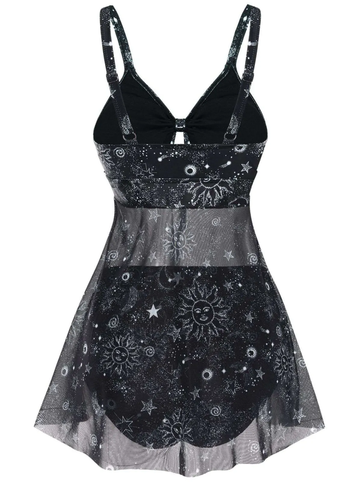 Hot Retro Stage 1930s Mesh Hollow-Out Sun Moon Print Swimdress Black