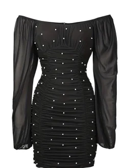 Clearance Retro Stage 1970s Mesh Off Shoulder Pearl Wrinkle Dress Black