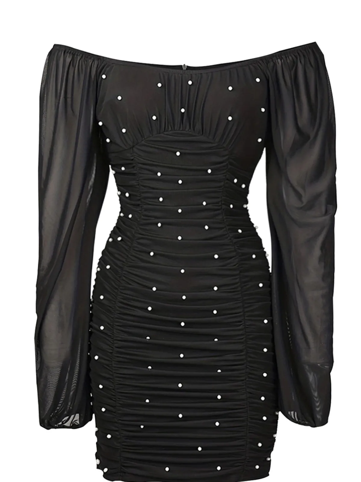 Clearance Retro Stage 1970s Mesh Off Shoulder Pearl Wrinkle Dress Black