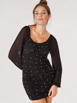 Clearance Retro Stage 1970s Mesh Off Shoulder Pearl Wrinkle Dress Black