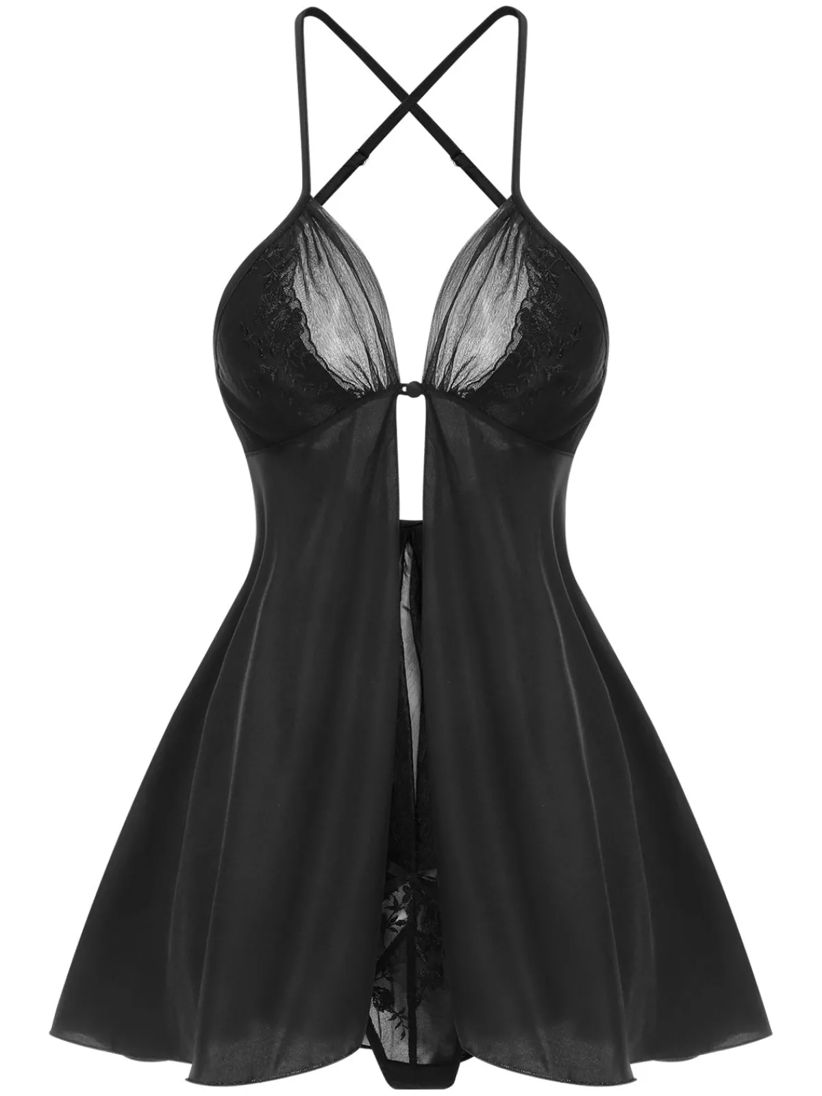 Clearance Retro Stage 1950s Mesh Patchwork Satin Cross Straps Nightgown Black