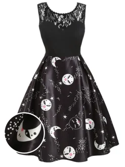 Online Retro Stage 1950s Moon Stars Swing Dress Black