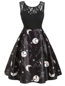Online Retro Stage 1950s Moon Stars Swing Dress Black