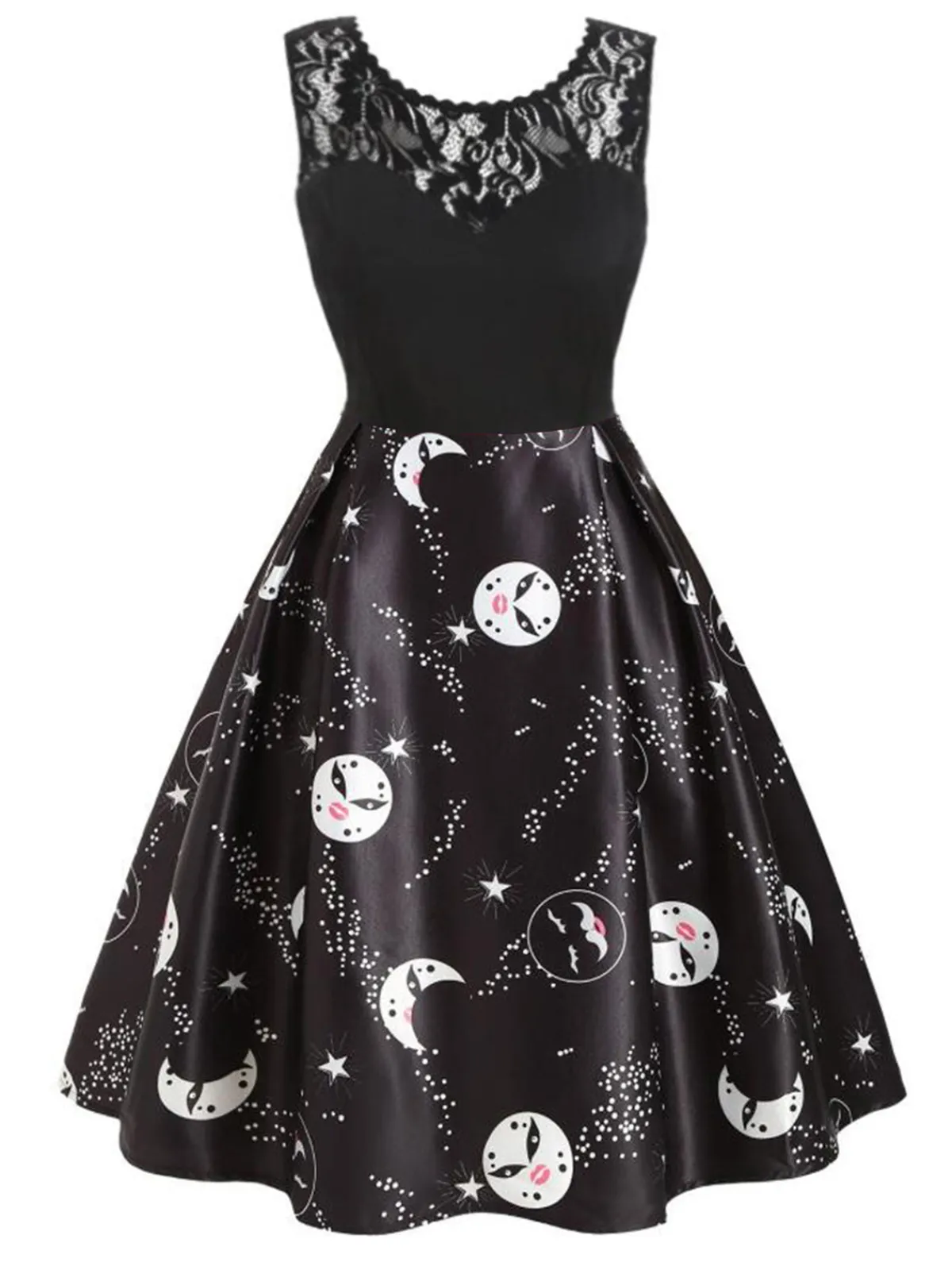 Online Retro Stage 1950s Moon Stars Swing Dress Black