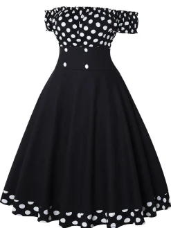 Best Retro Stage 1950s Off Shoulder Polka Dots Dress Black