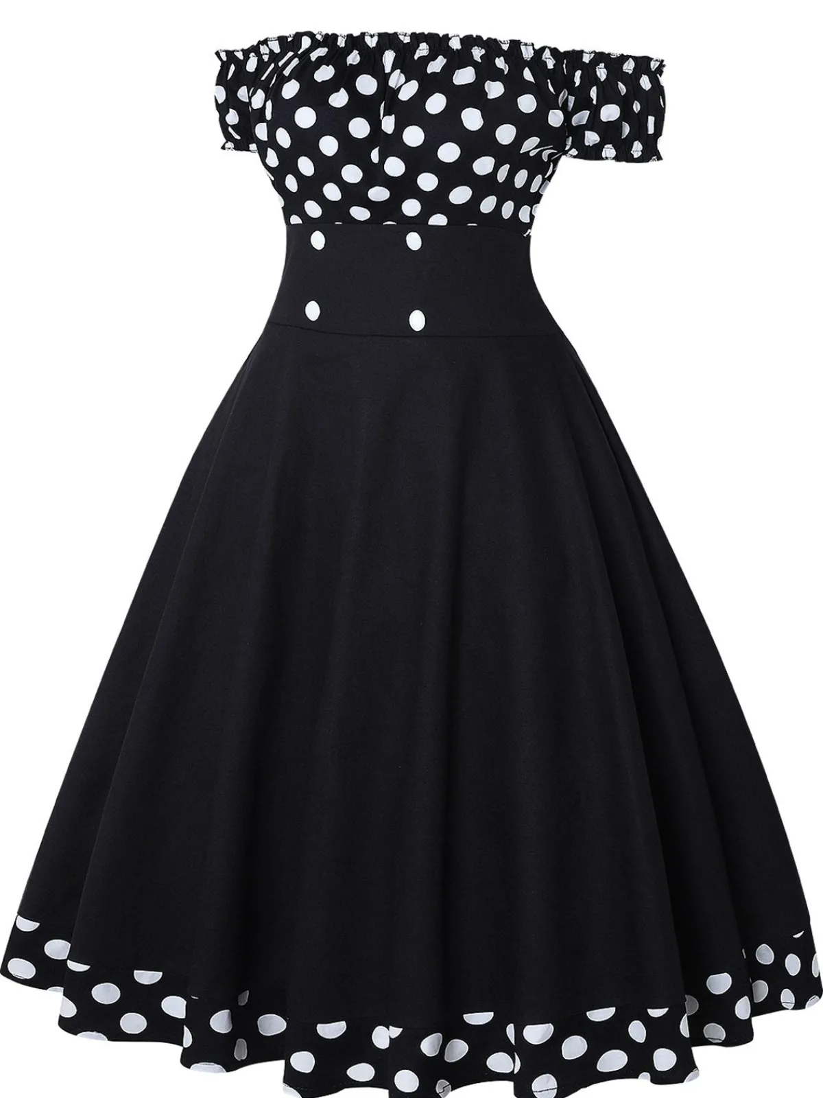 Best Retro Stage 1950s Off Shoulder Polka Dots Dress Black