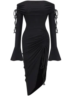 Best Retro Stage 1960s Off-Shoulder Lace-Up Drawstring Dress Black