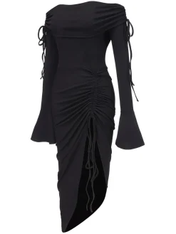 Best Retro Stage 1960s Off-Shoulder Lace-Up Drawstring Dress Black
