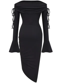 Best Retro Stage 1960s Off-Shoulder Lace-Up Drawstring Dress Black