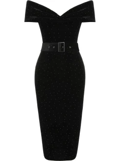 Hot Retro Stage 1960s Off-Shoulder Rhinestones Velvet Dress Black