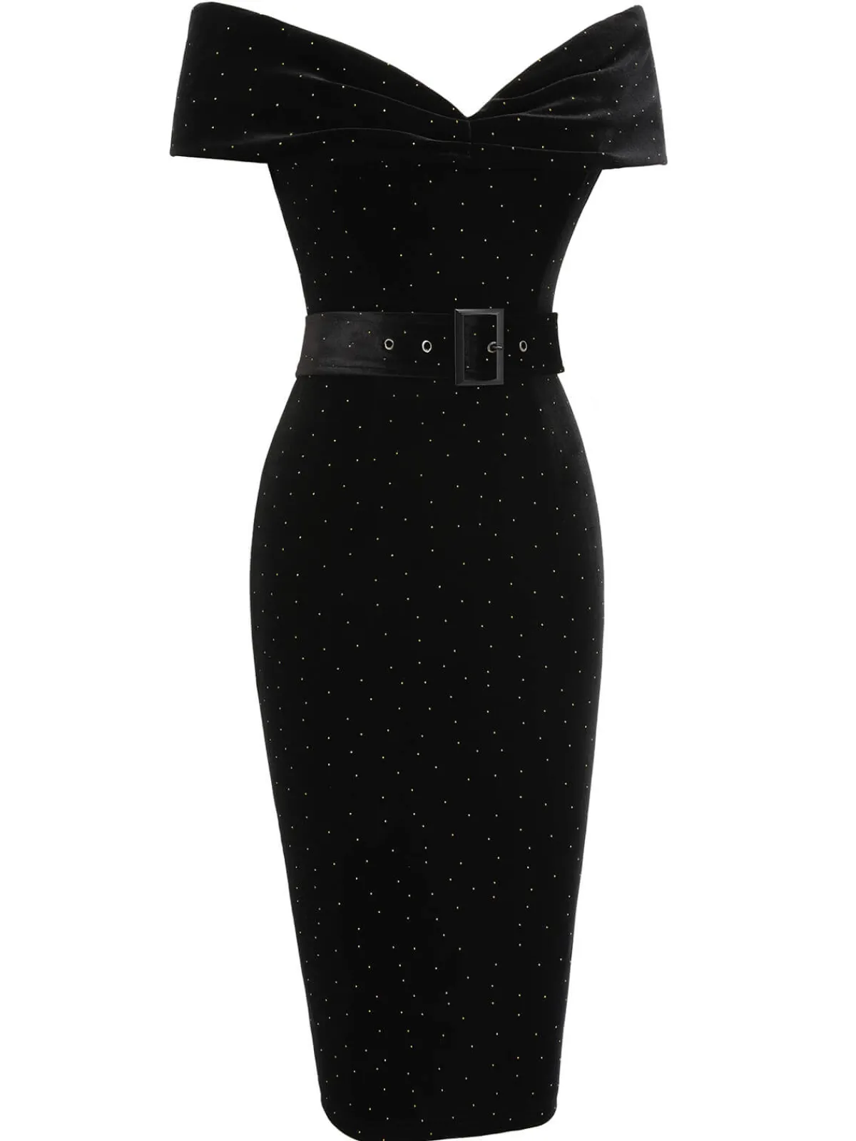 Hot Retro Stage 1960s Off-Shoulder Rhinestones Velvet Dress Black
