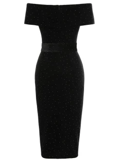 Hot Retro Stage 1960s Off-Shoulder Rhinestones Velvet Dress Black