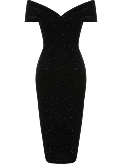 Hot Retro Stage 1960s Off-Shoulder Rhinestones Velvet Dress Black