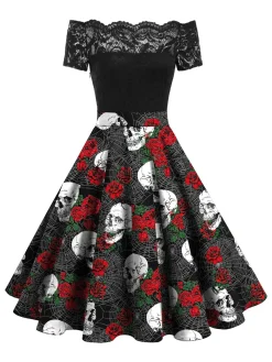 Clearance Retro Stage 1950s Off-shoulder Skeleton Dress Black