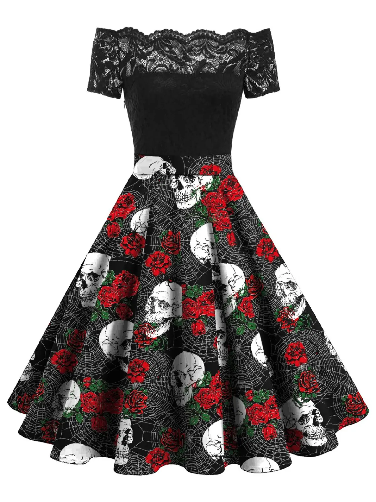 Clearance Retro Stage 1950s Off-shoulder Skeleton Dress Black