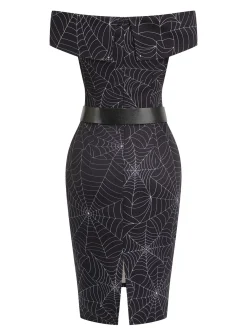 Sale Retro Stage 1960s Off-shoulder Spider Web Dress Black