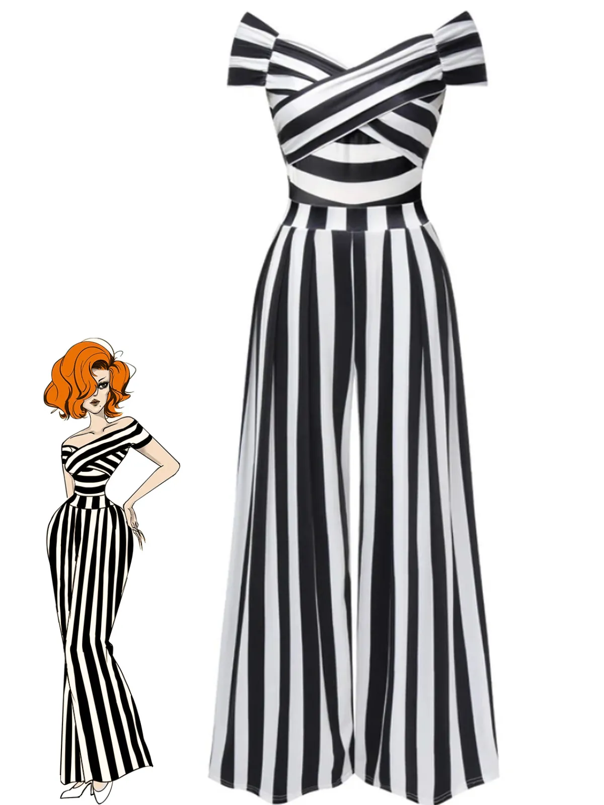 Outlet Retro Stage 1960s Off-Shoulder Stripes Jumpsuit Black