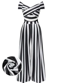 Outlet Retro Stage 1960s Off-Shoulder Stripes Jumpsuit Black