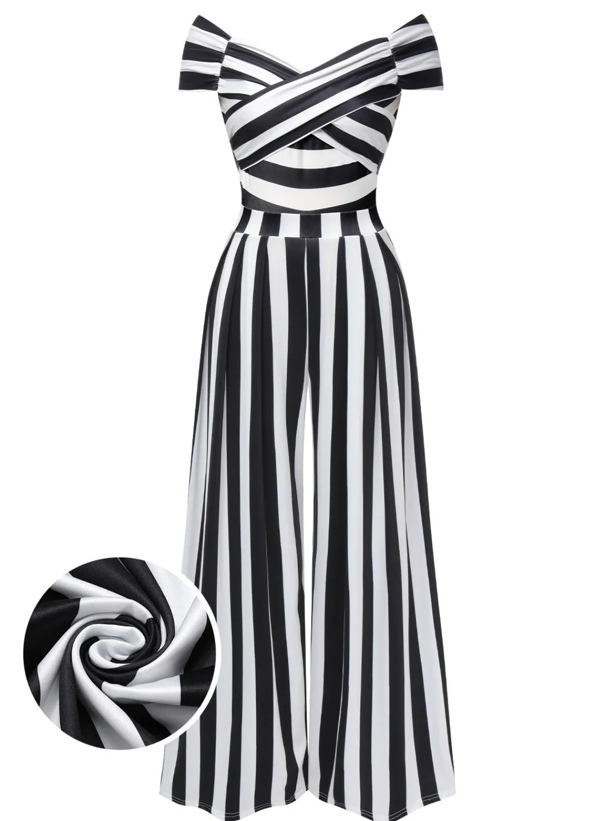Outlet Retro Stage 1960s Off-Shoulder Stripes Jumpsuit Black