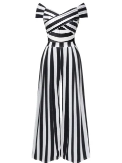 Outlet Retro Stage 1960s Off-Shoulder Stripes Jumpsuit Black