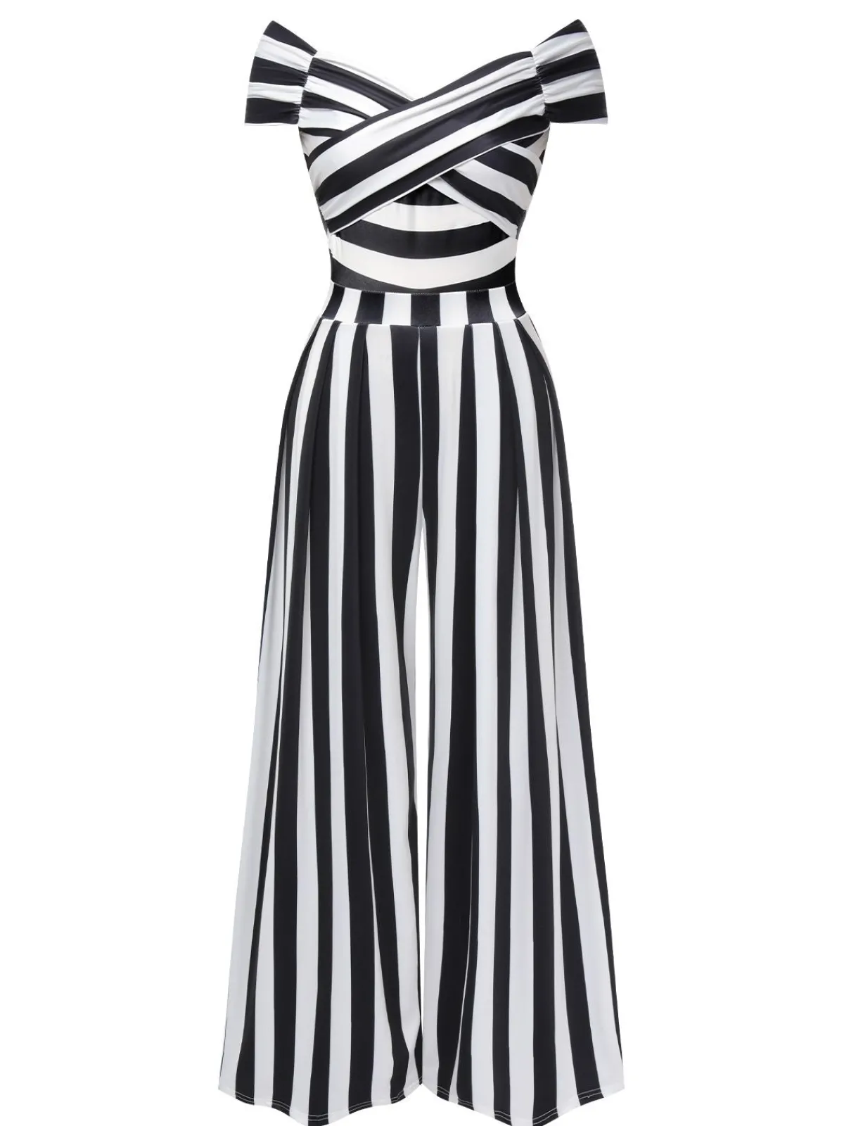 Outlet Retro Stage 1960s Off-Shoulder Stripes Jumpsuit Black