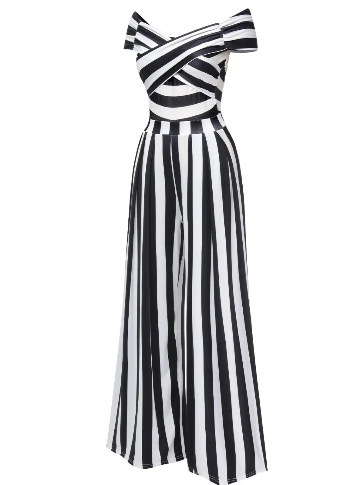 Outlet Retro Stage 1960s Off-Shoulder Stripes Jumpsuit Black