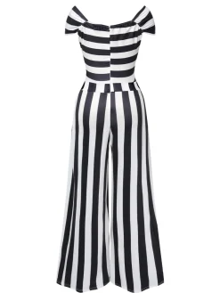 Outlet Retro Stage 1960s Off-Shoulder Stripes Jumpsuit Black