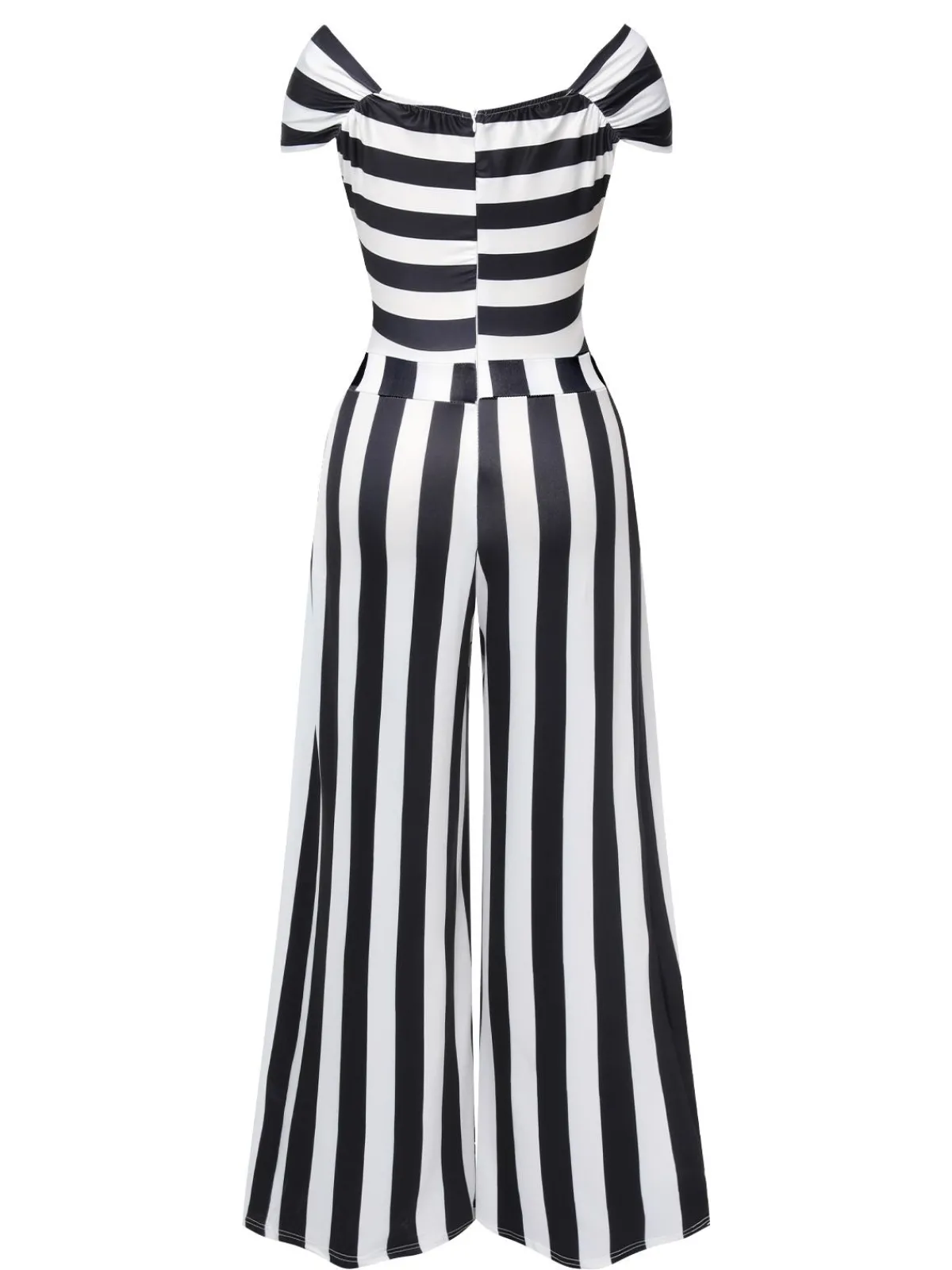 Outlet Retro Stage 1960s Off-Shoulder Stripes Jumpsuit Black