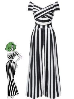 Outlet Retro Stage 1960s Off-Shoulder Stripes Jumpsuit Black