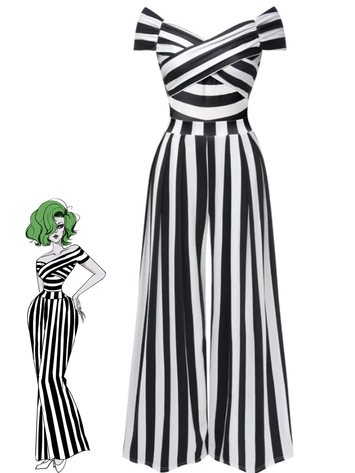 Outlet Retro Stage 1960s Off-Shoulder Stripes Jumpsuit Black