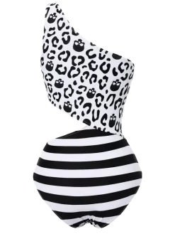 Sale Retro Stage 1980s One-Shoulder Hollow Skull Stripe Swimsuit Black