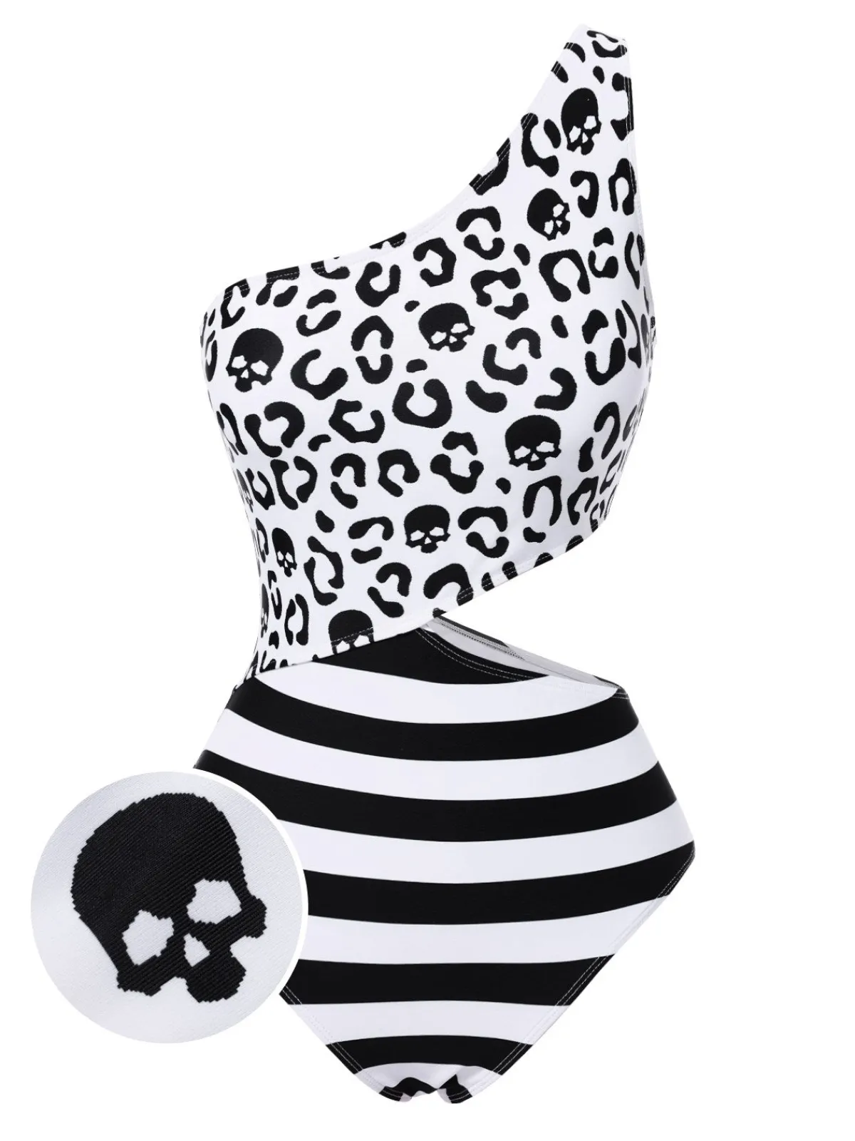 Discount Retro Stage 1980s One-Shoulder Hollow Skull Stripe Swimsuit Black